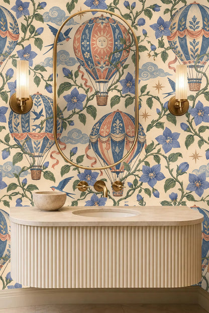 Small stars and floral details scattered across wallpaper