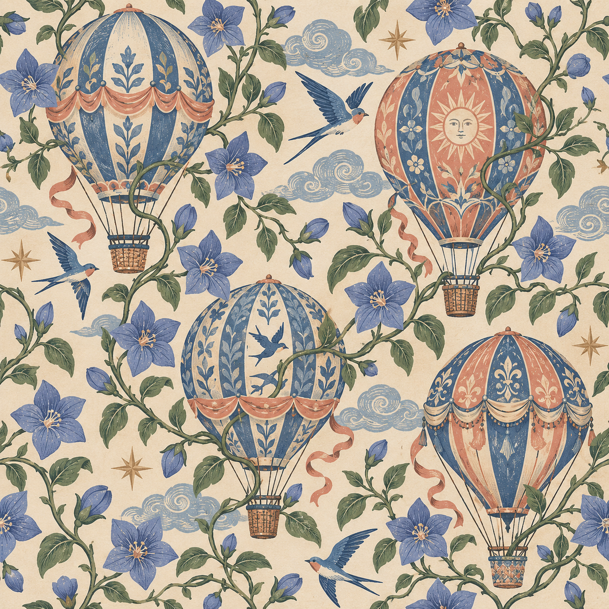 Overall repeat pattern of hot air balloons and floral vine on wallpaper