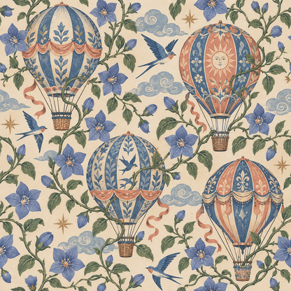 Overall repeat pattern of hot air balloons and floral vine on wallpaper