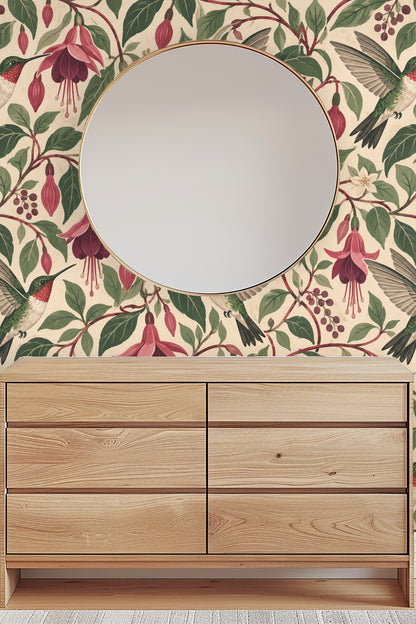 View of wallpaper used as a statement wall in an alcove with minimalist seating.