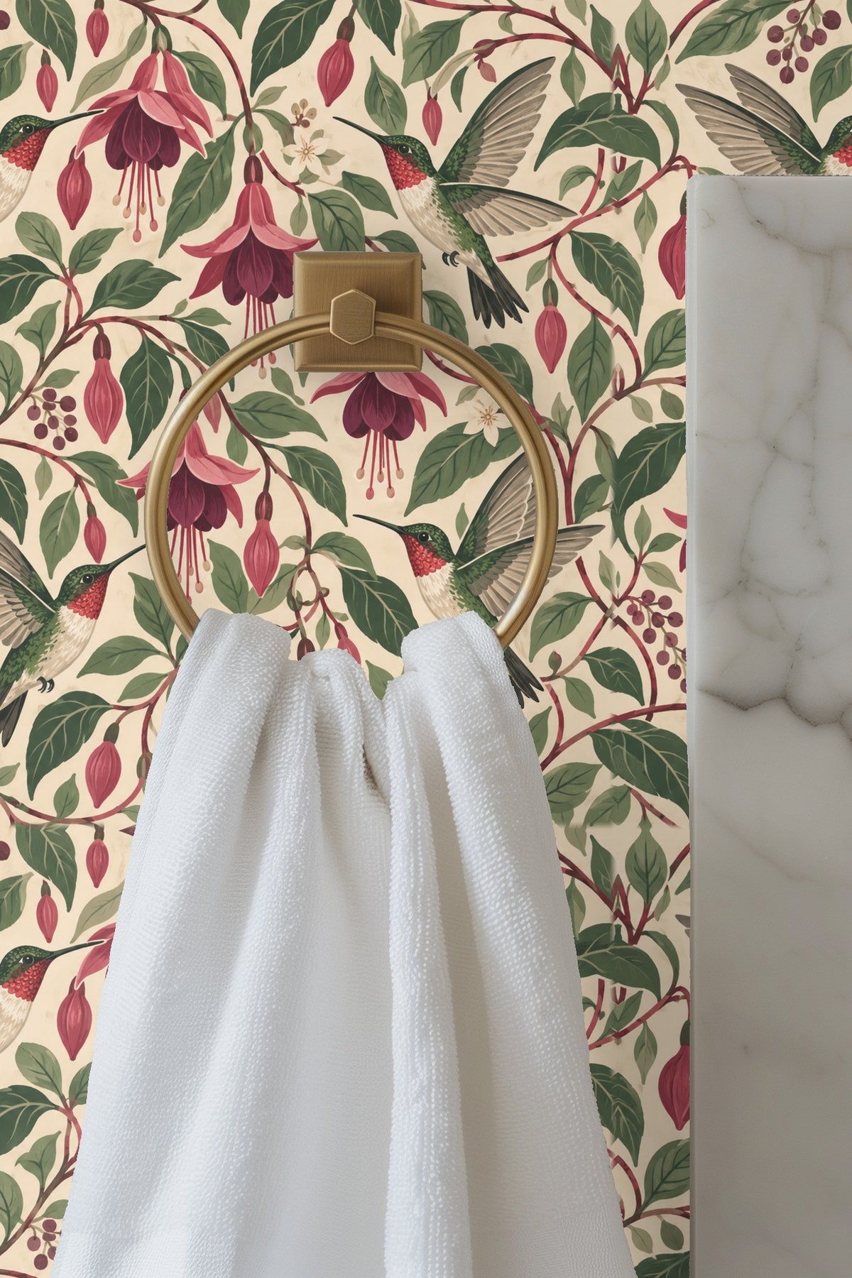 Close-up of hummingbird wing and fuchsia blossom detail in the wallpaper design.