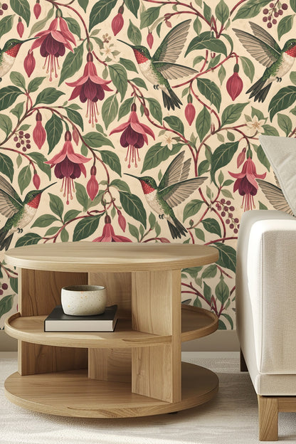 Pattern detail showing ruby-throated hummingbirds with fuchsia flowers and green leaves on cream background.