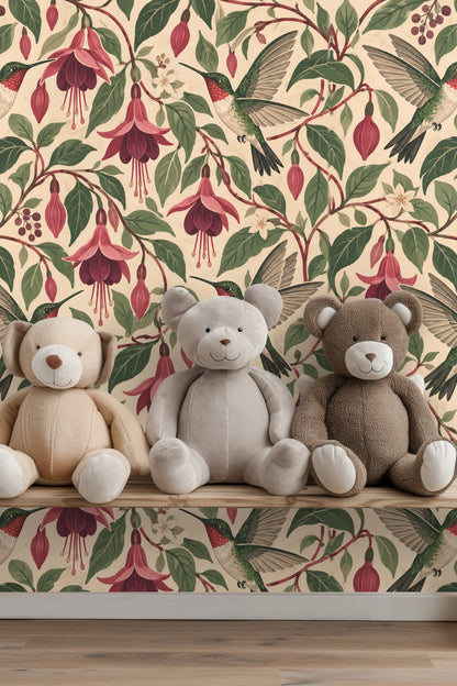 Section of wallpaper highlighting intertwined branches, leaves, and fuchsia buds.