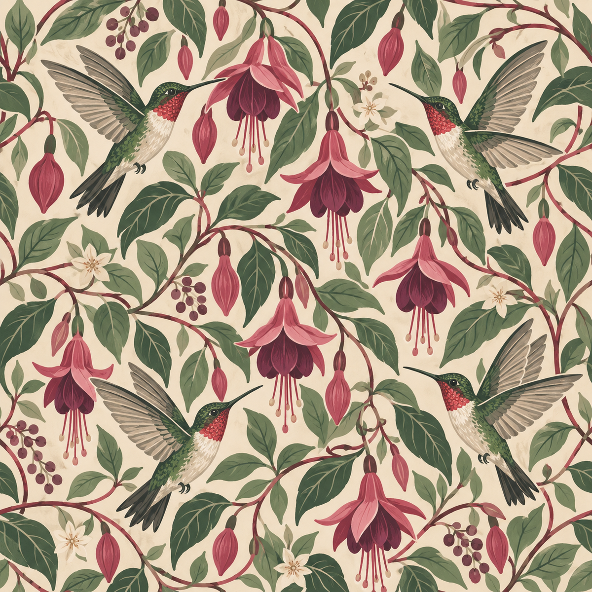Overall wallpaper roll showcasing continuous botanical pattern in pinks and greens.