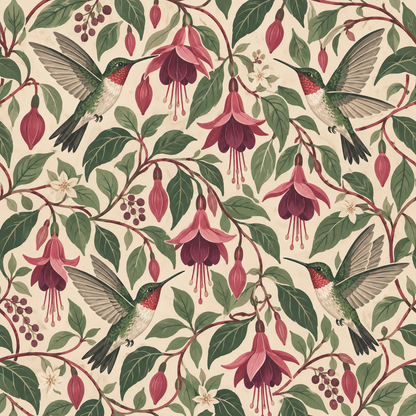 Overall wallpaper roll showcasing continuous botanical pattern in pinks and greens.