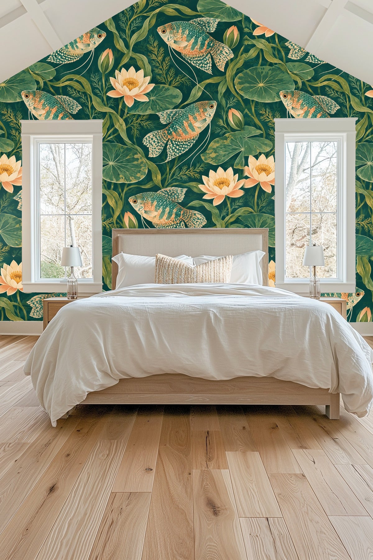 Living room wall with Gourami Watergarden wallpaper behind a blue velvet couch