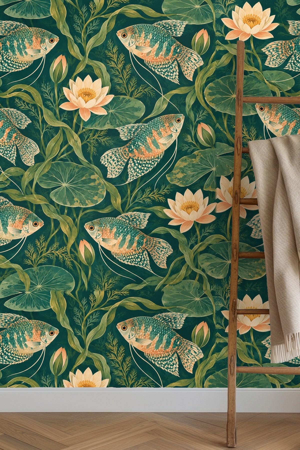 Green and teal foliage details within the wallpaper pattern