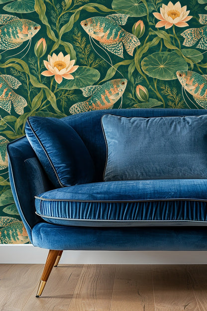 Close-up of Gourami Watergarden wallpaper showing gourami fish with fin details and lotus flowers