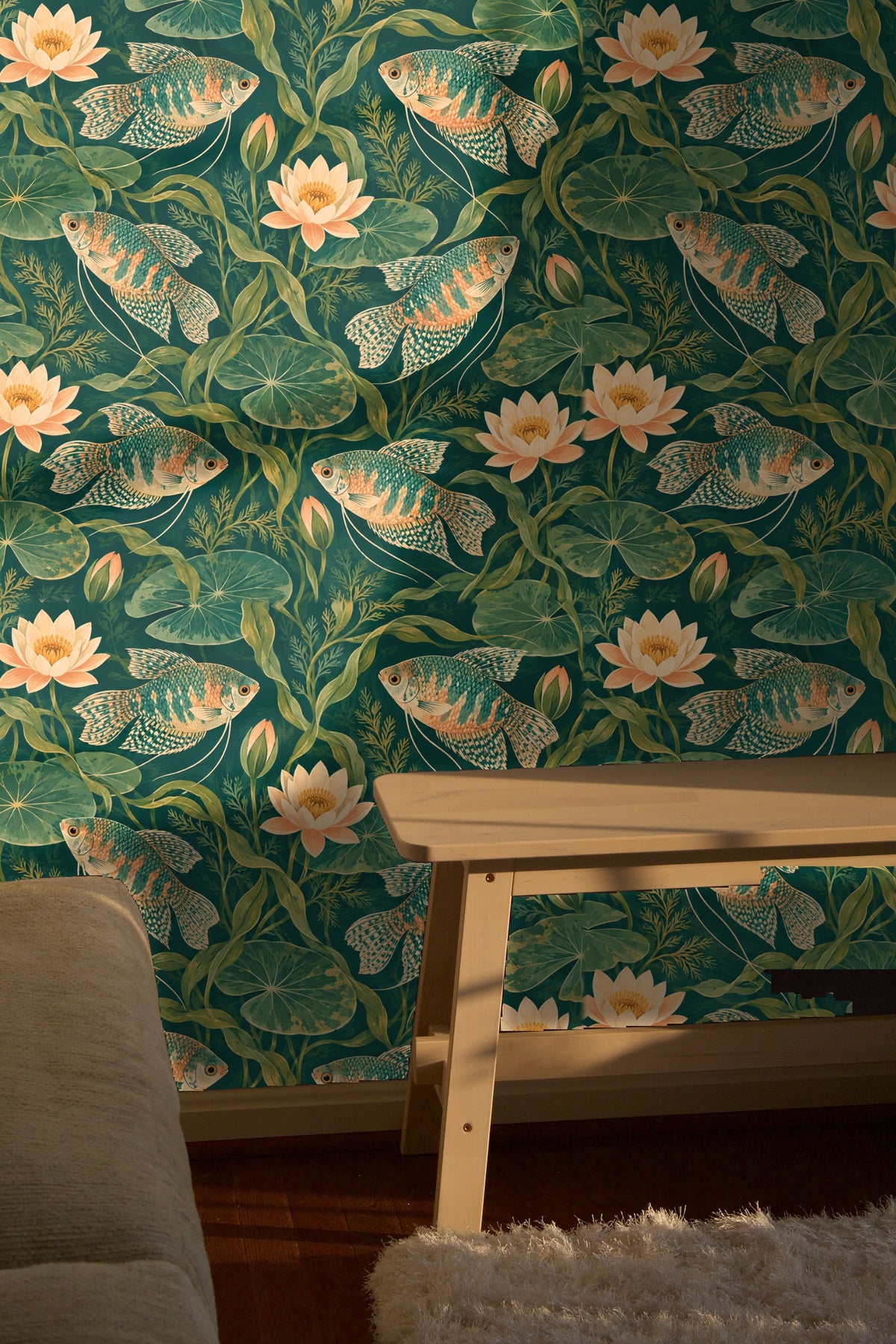 Bedroom wall covered in wallpaper showing fish swimming amid lotus blossoms