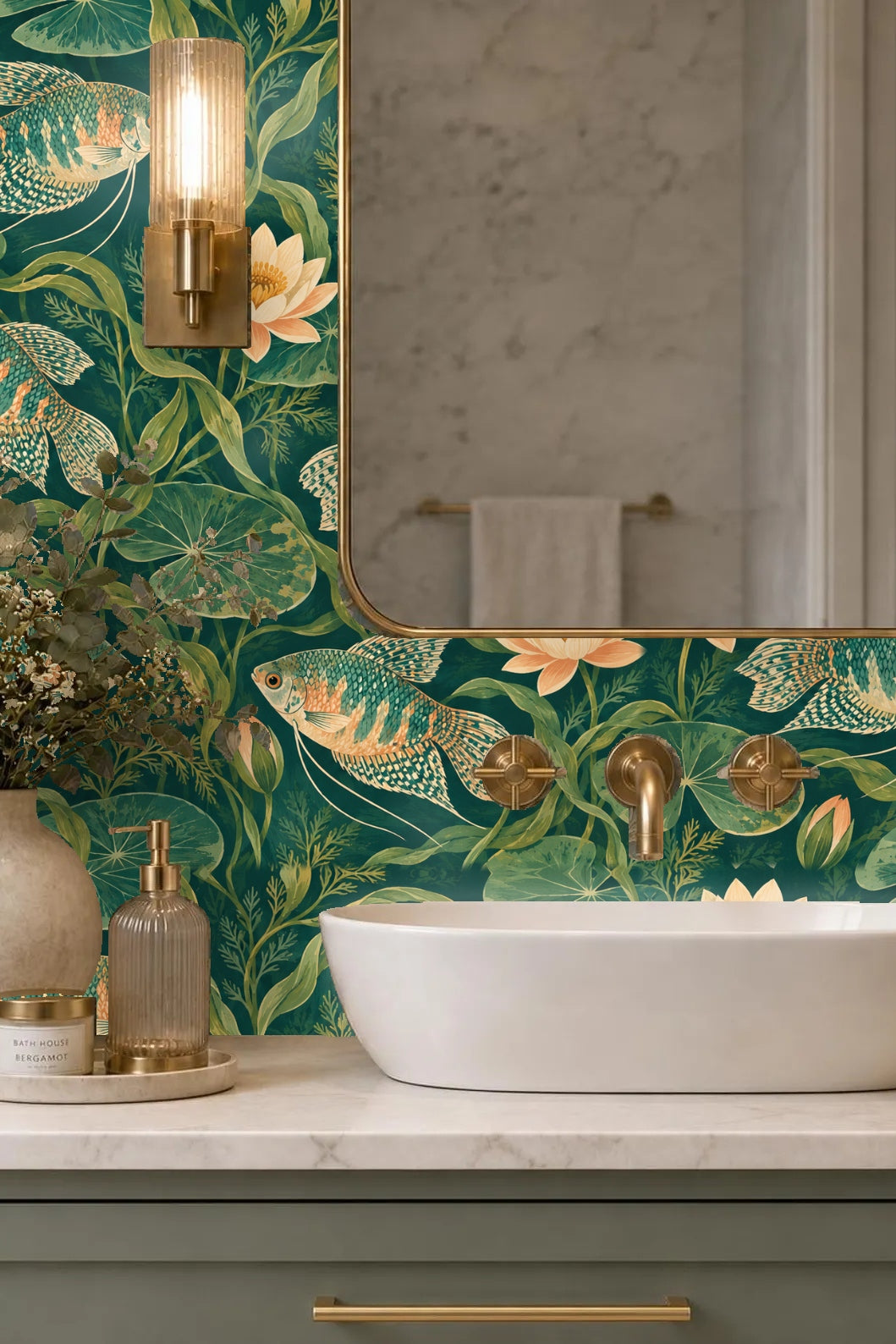 Detailed view of gourami fish motif with botanical elements on wallpaper