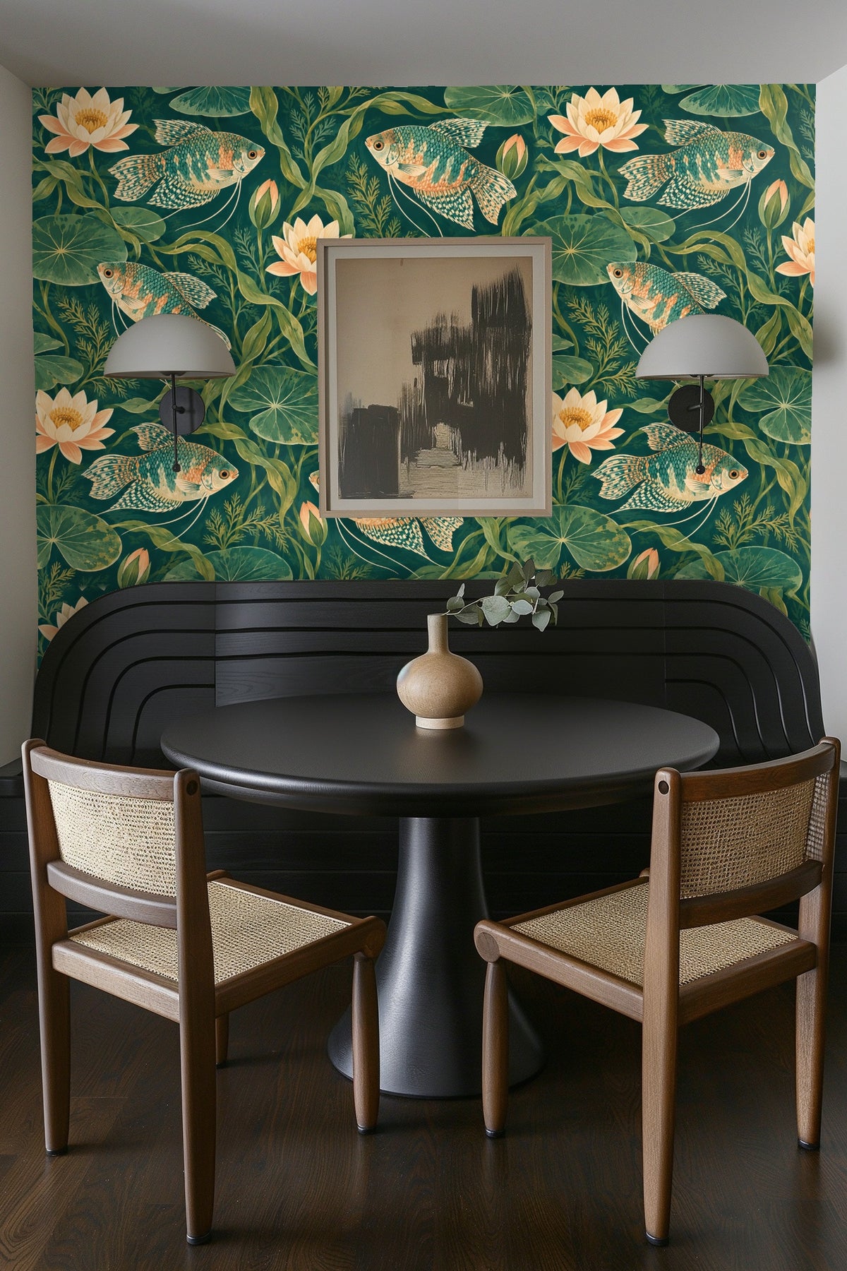 Fish tail fin pattern with chartreuse and coral accents on wallpaper