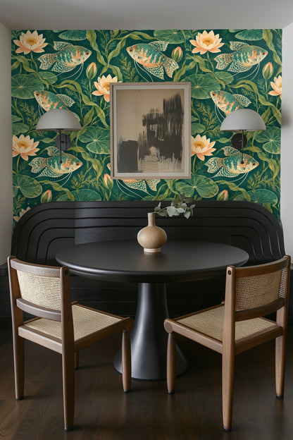 Fish tail fin pattern with chartreuse and coral accents on wallpaper