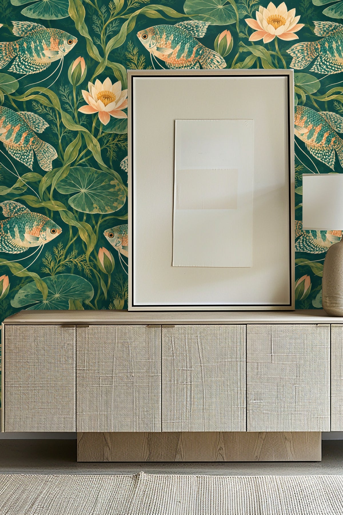 Bedroom with an angled wall fully covered in Gourami Watergarden wallpaper showing fish and water lilies