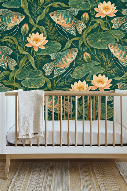 Lotus flowers and lily pads scattered among gourami fish on wallpaper