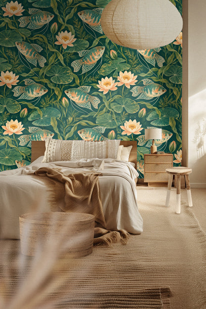 Wallpaper pattern with diagonal plant stems creating rhythm