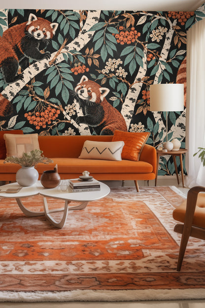 Wallpaper pattern showing two red pandas on white birch branches with teal leaves and orange rowan berries on a black background.