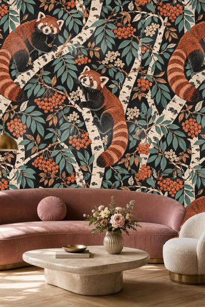 Perspective of wallpaper continuing around corner with overlapping birch branches and playful animals.