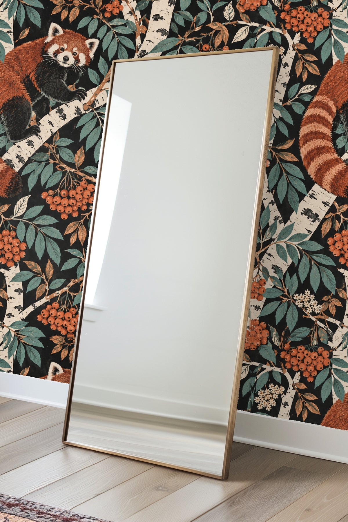 Artwork pattern displaying botanical elements with pale white flowers and teal leaves interspersed among red pandas.