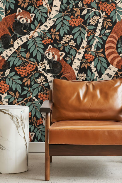 Interior room featuring the Silver Birch Red Pandas wallpaper with a burnt orange mid-century sofa and neutral decor.