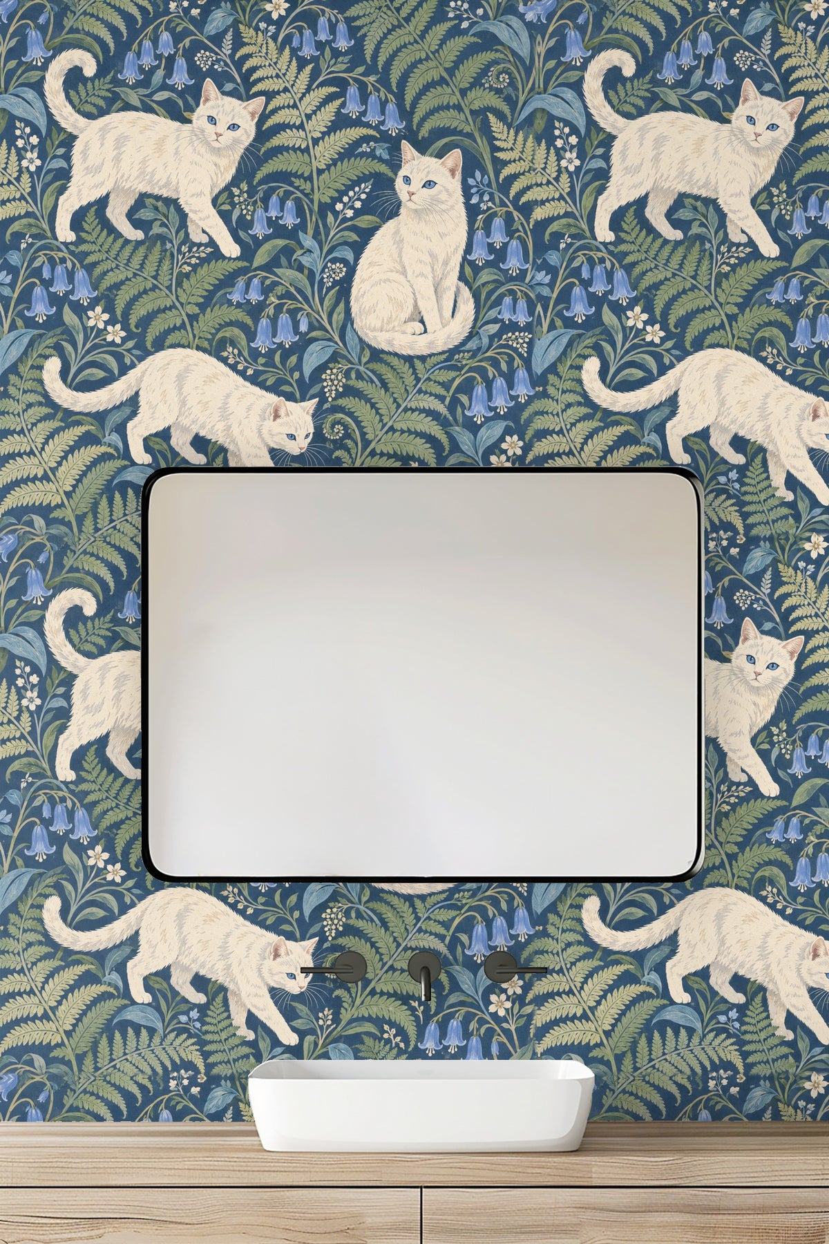 Overall wallpaper scale showing repeating white cats with floral accents