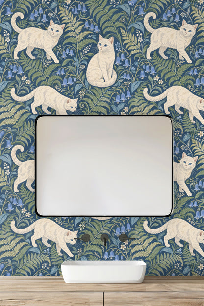 Overall wallpaper scale showing repeating white cats with floral accents