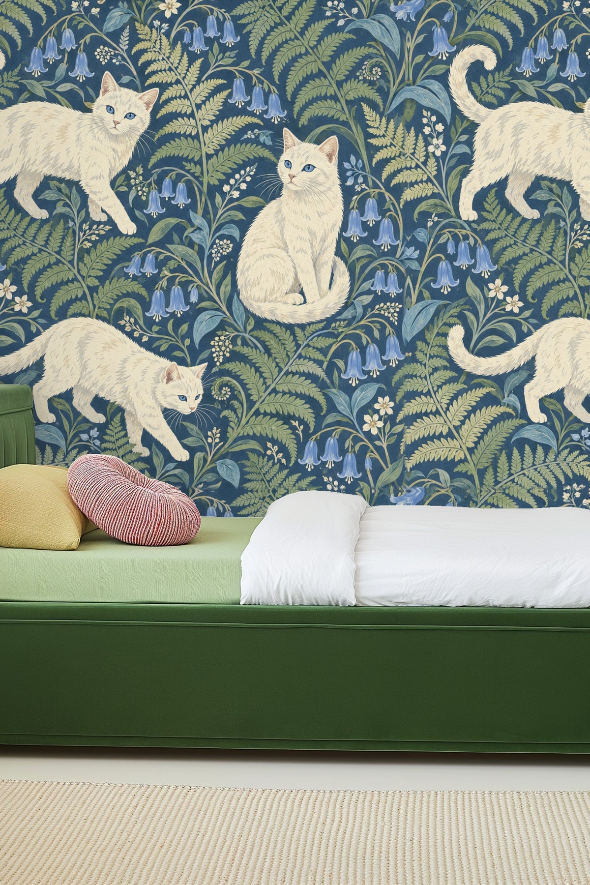 Wallpaper featuring white cats and bluebell flowers with green ferns on a navy blue background