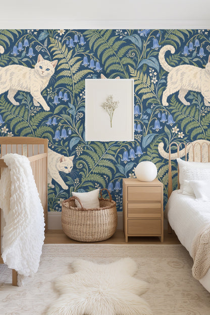 Close-up view of a white cat in the Blue Fern Catwalk wallpaper artwork