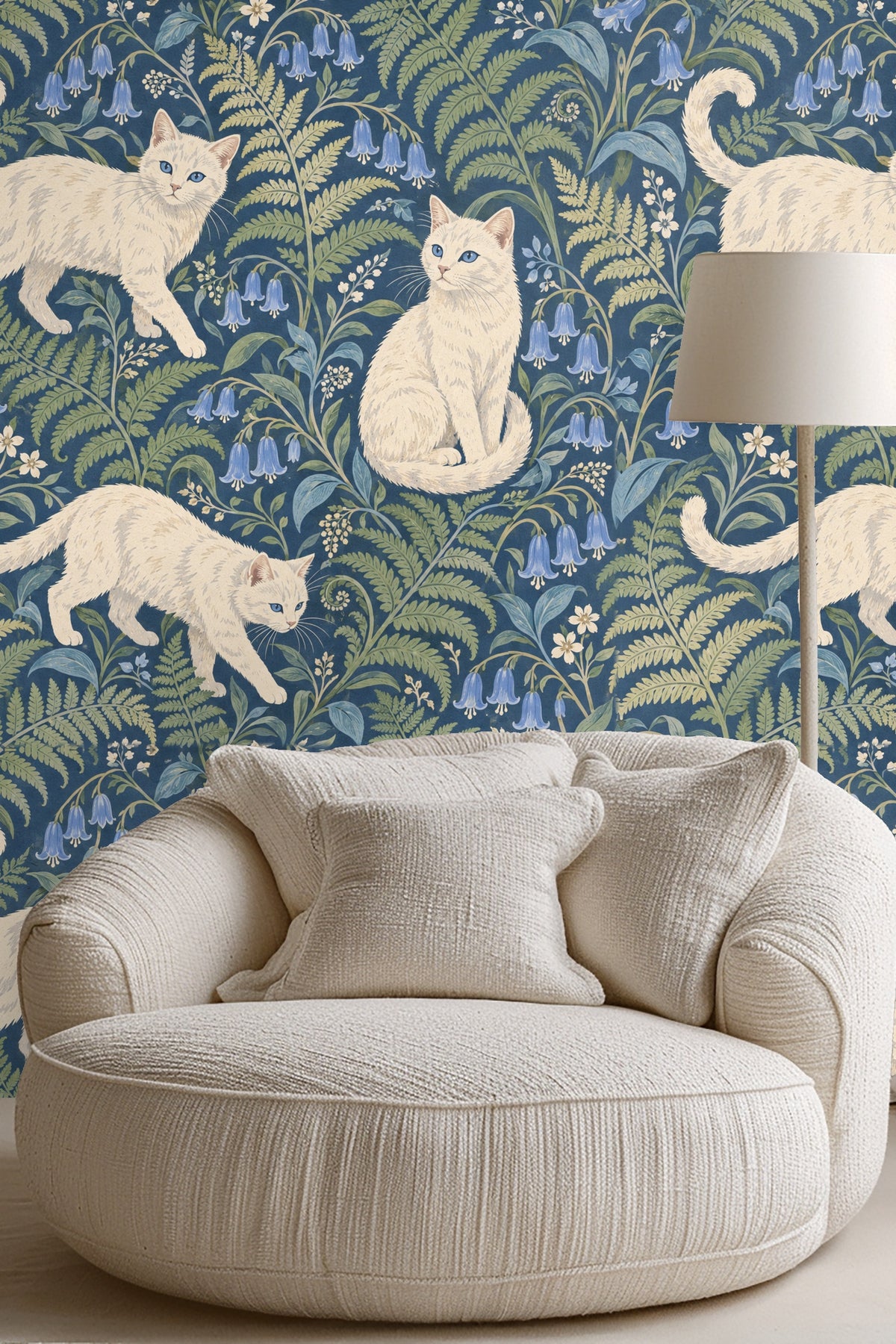 Decorative navy wallpaper showing botanical and feline motifs