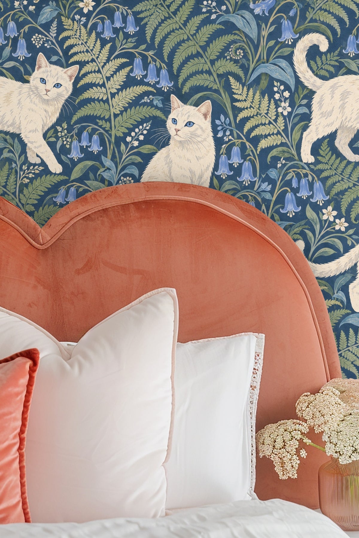 Artistic wallpaper design with playful cat poses and flora