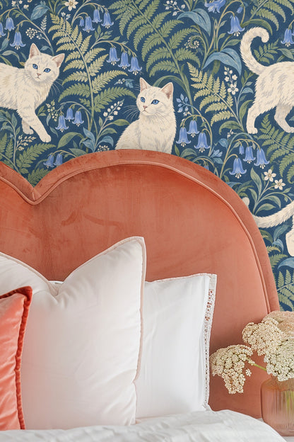 Artistic wallpaper design with playful cat poses and flora