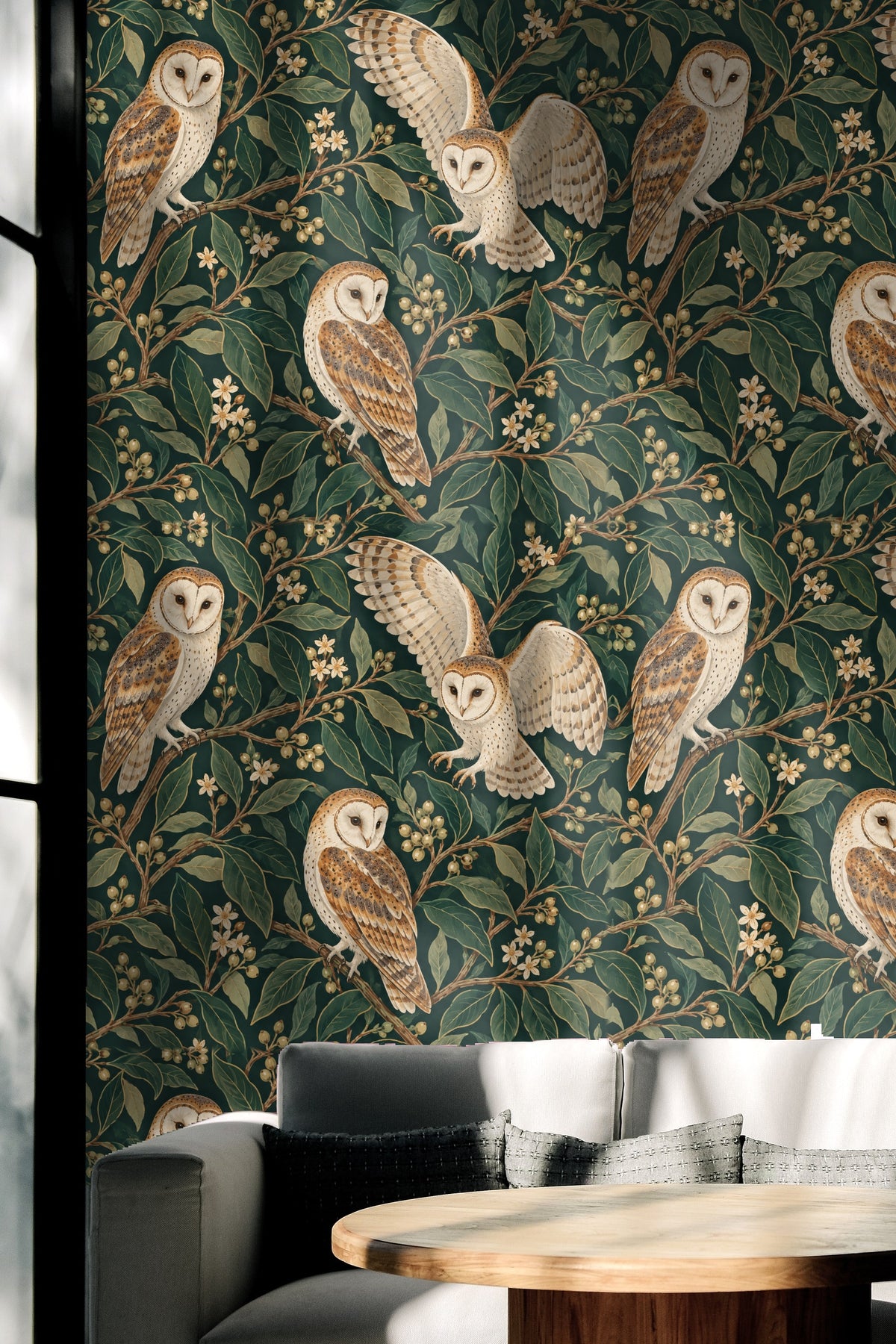 Artwork's leafy spiral design with intricate owls in brown and cream hues.