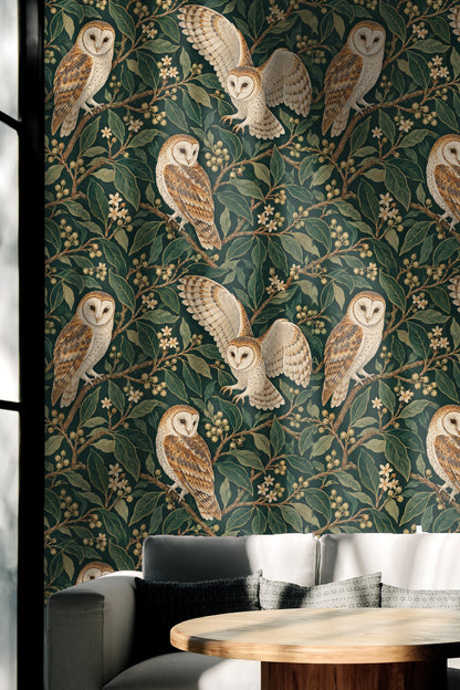 Artwork's leafy spiral design with intricate owls in brown and cream hues.