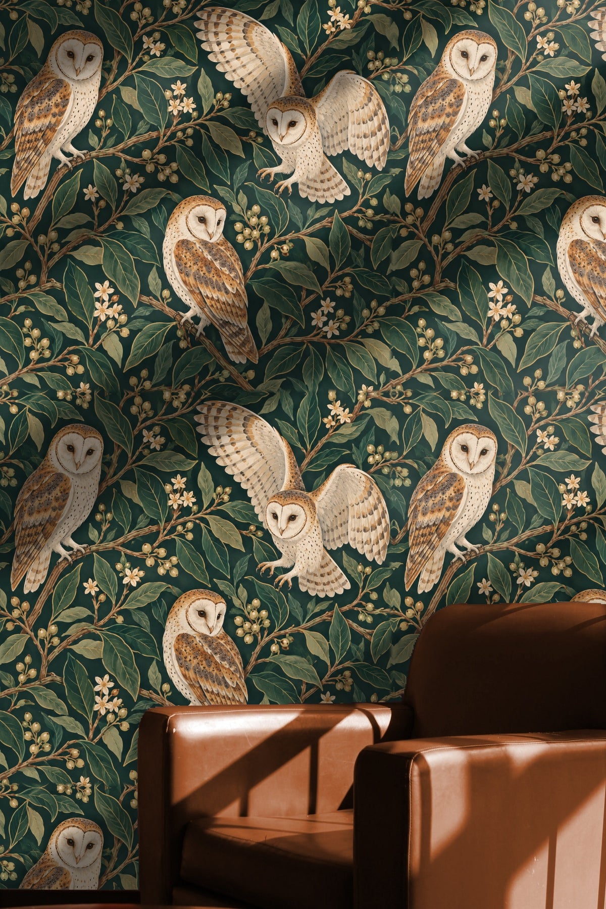 Atmospheric shot highlighting the natural tones and detailed pattern of Bayleaf Owl Spiral wallpaper.