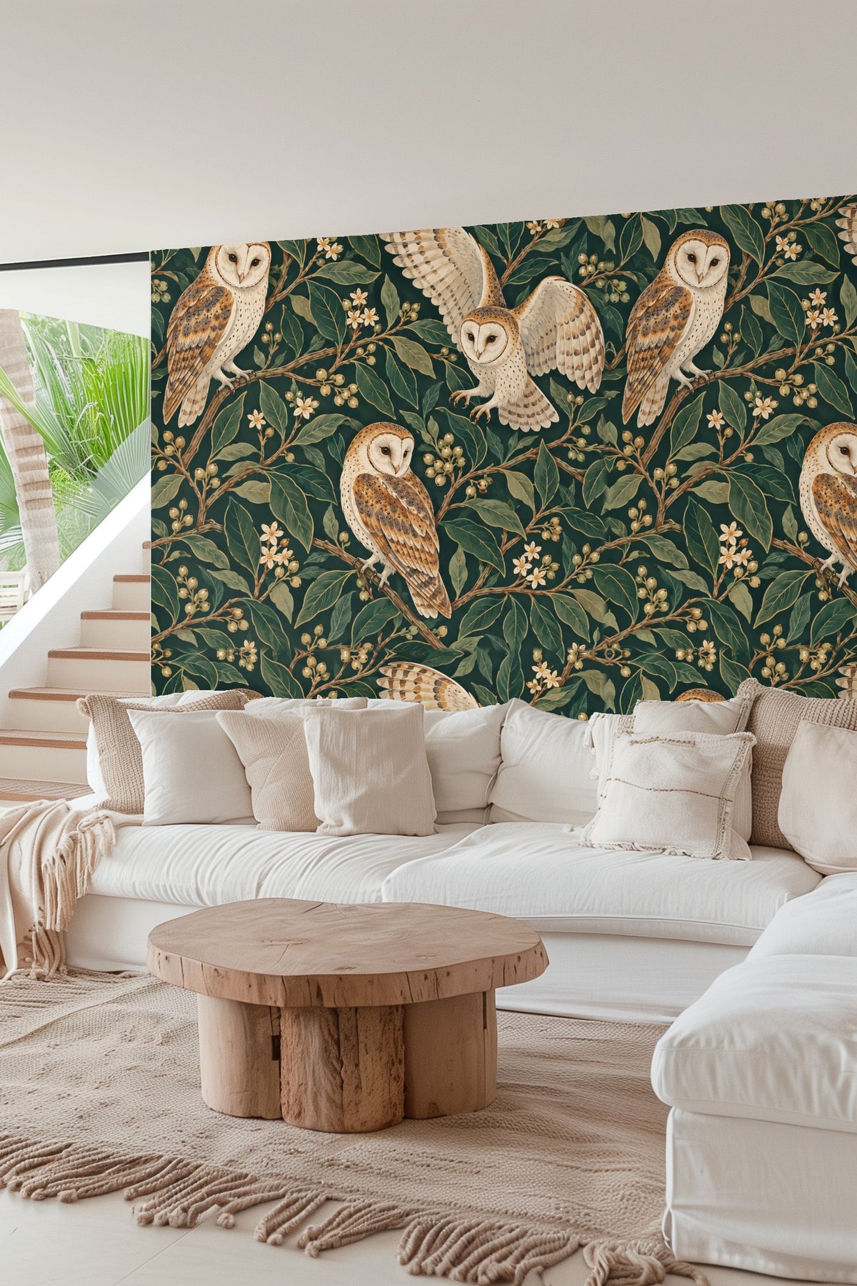 Living room corner with Bayleaf Owl Spiral wallpaper and framed artwork above couch.