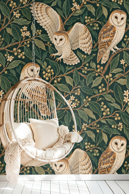 Bayleaf Owl Spiral wallpaper in bedroom behind bed with round mirror and neutral bedding.