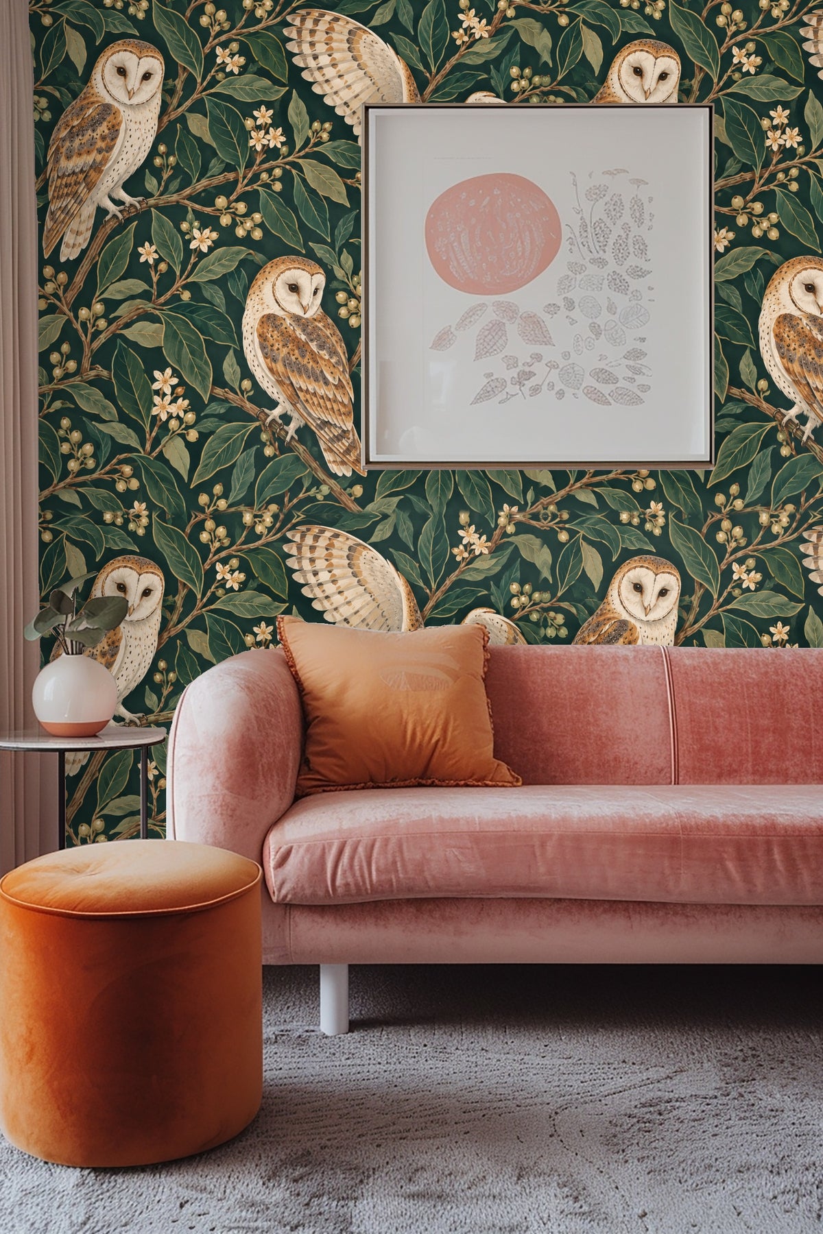 Detailed view of Bayleaf Owl Spiral wallpaper with barn owls and bayleaf branches.