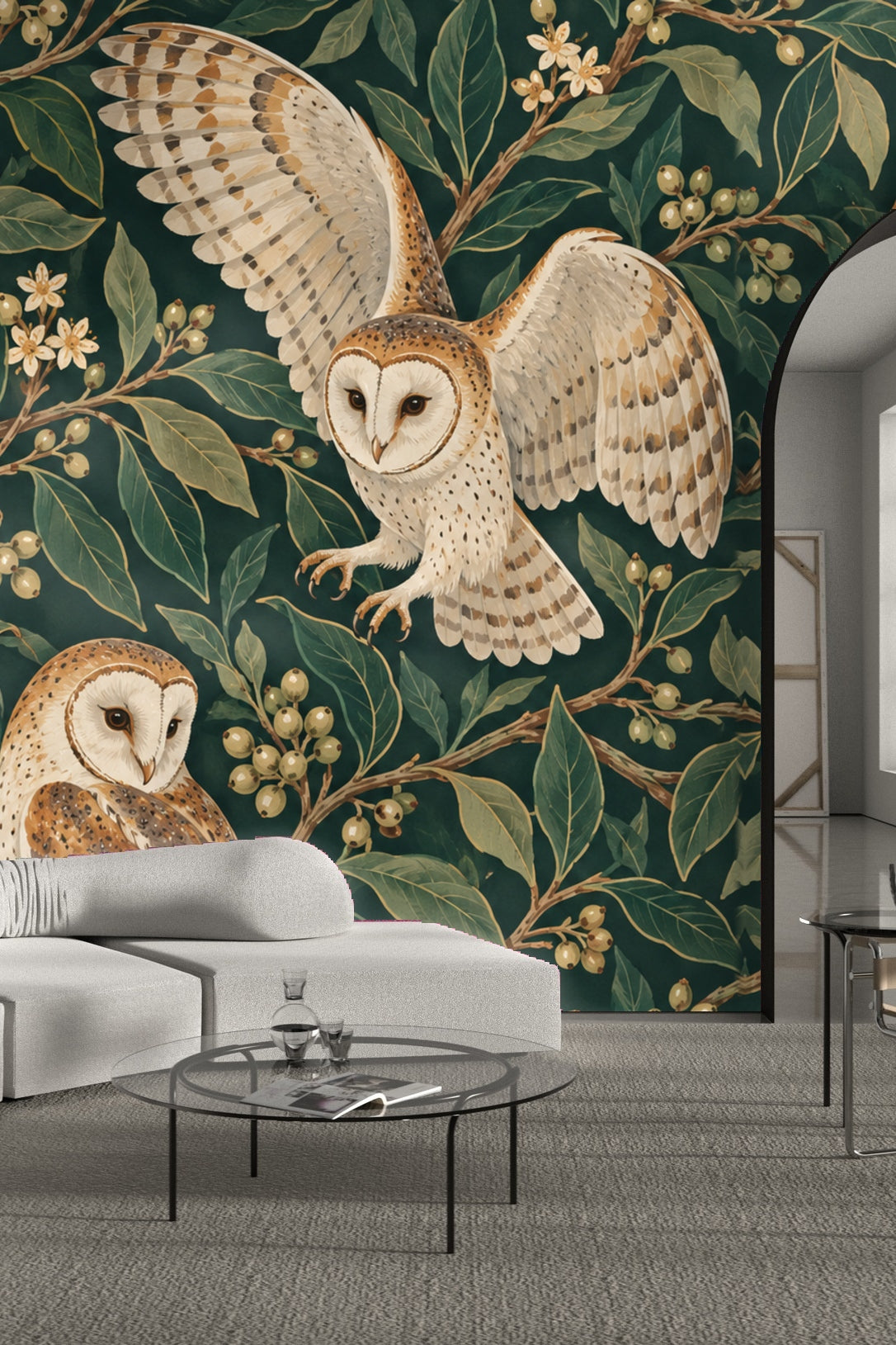 Pattern repeat detail showing owls and spiral leaf arrangements.