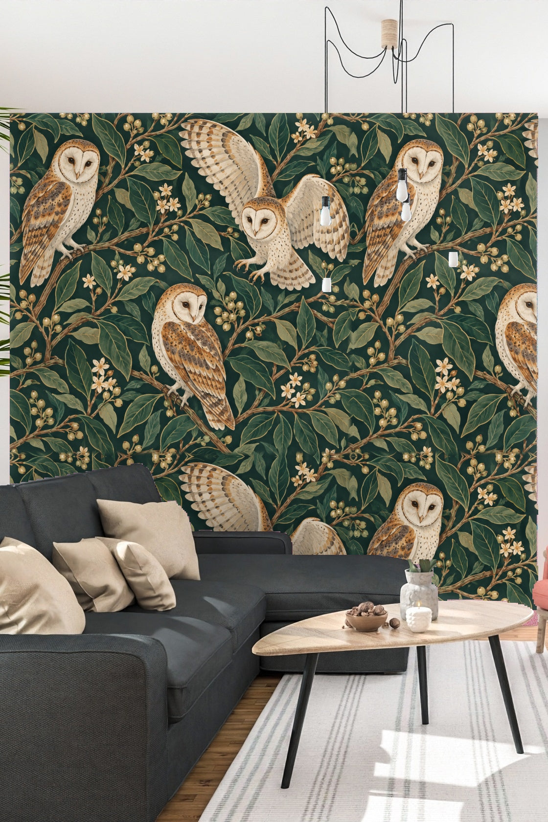Bedroom corner with natural light highlighting Bayleaf Owl Spiral wallpaper.