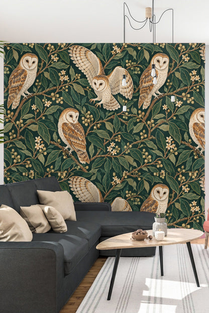 Bedroom corner with natural light highlighting Bayleaf Owl Spiral wallpaper.