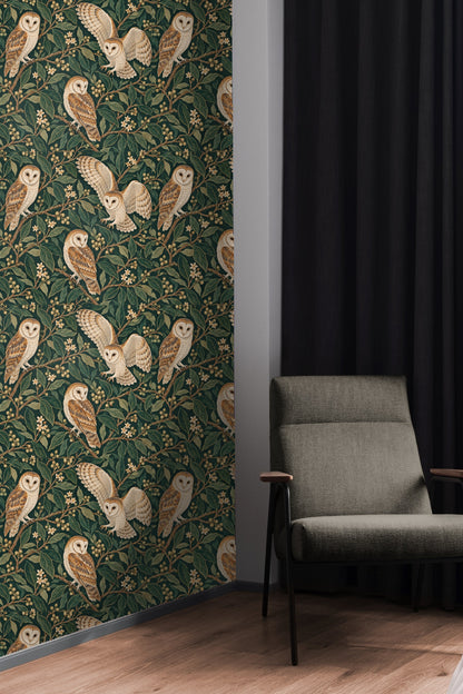 Second barn owl perched quietly in the wallpaper pattern.