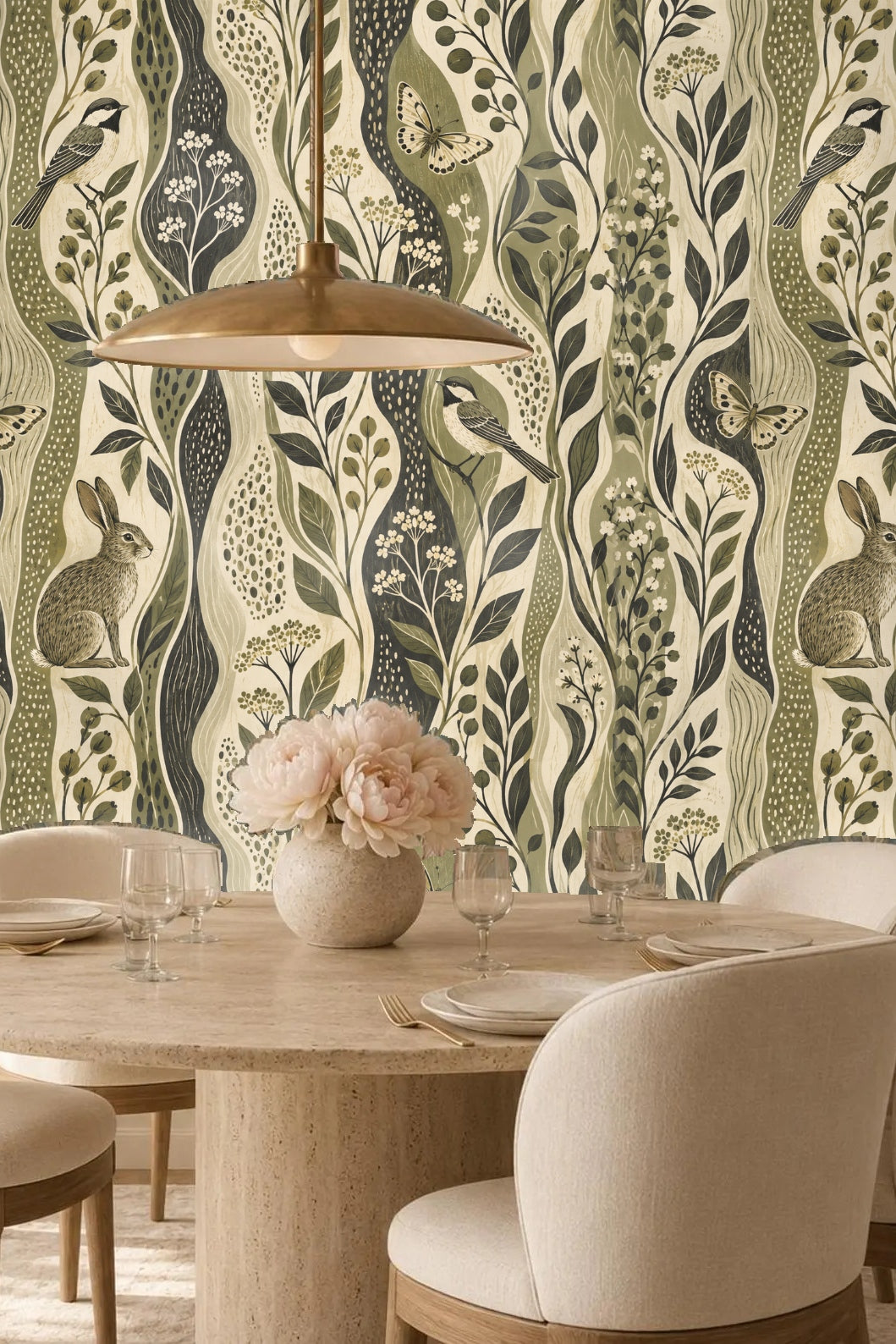 Panel of Estuary Grove wallpaper showing the contrast of dark and light olive vertical waves