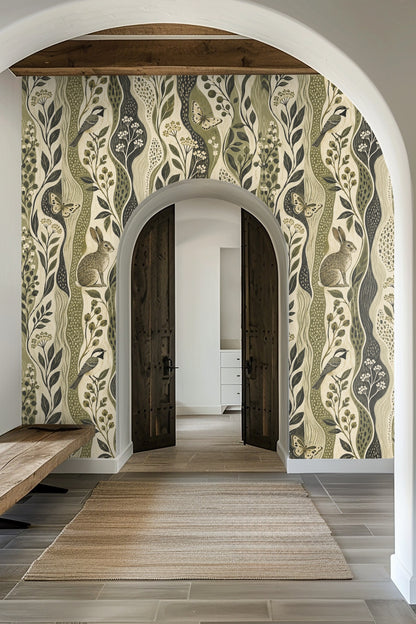 Close-up of bird perched on leafy branch within Estuary Grove wallpaper design