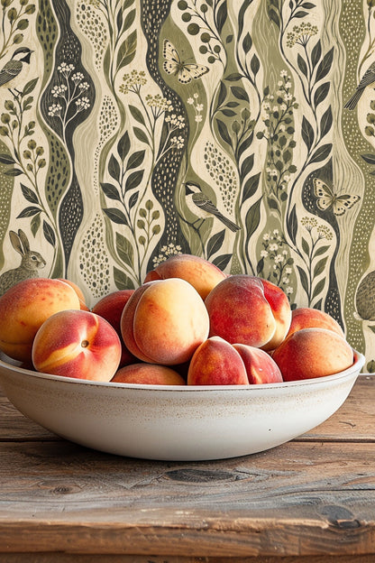 Various leafy and flower motifs with dotted textures in olive shades within Estuary Grove wallpaper