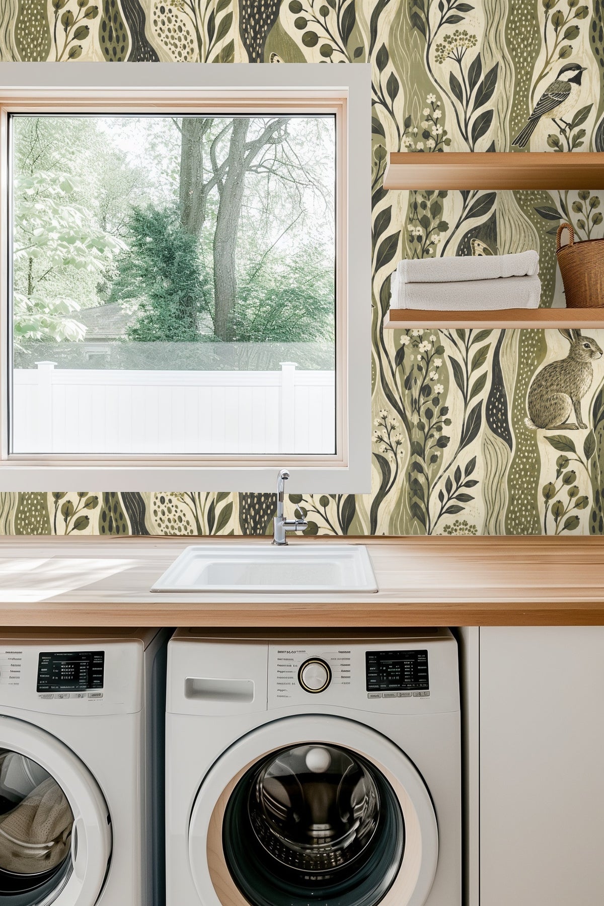 Bathroom cabinet open to reveal wood interior against Estuary Grove wallpaper backdrop in olive and cream botanical waves