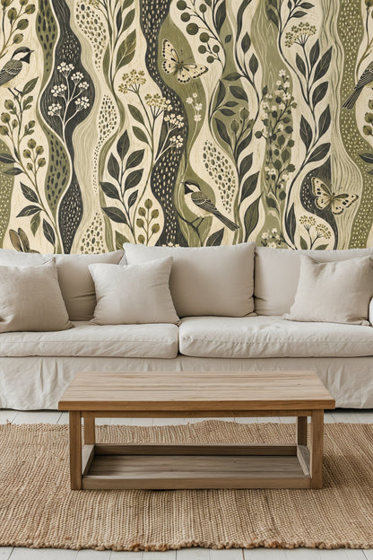 Rabbit sitting among flowing olive and cream botanical waves of Estuary Grove wallpaper