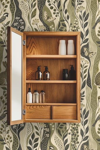 Close-up of Estuary Grove wallpaper showing birds, rabbit, butterfly, and botanical vertical waves in olives and creams
