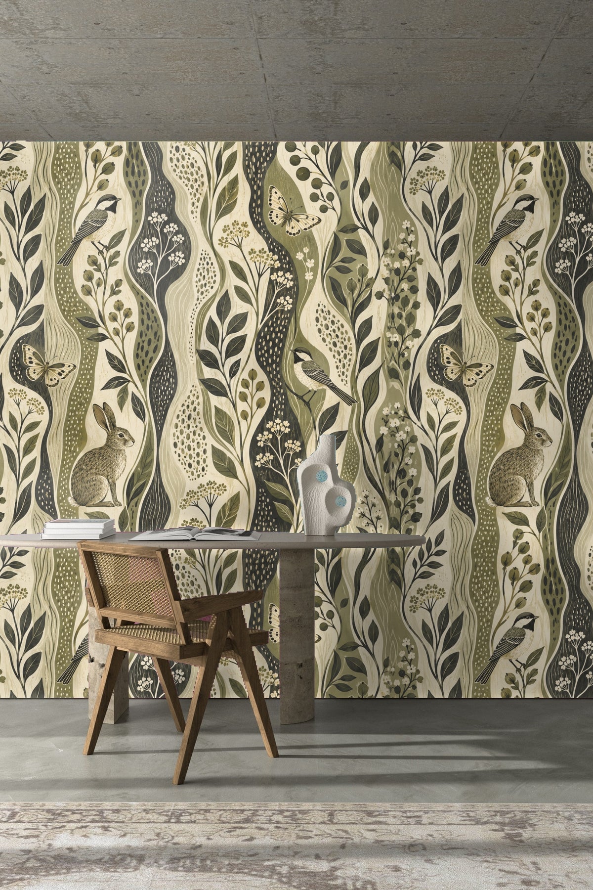 Wood grain texture of open bathroom cabinet contrasting with Estuary Grove wallpaper background