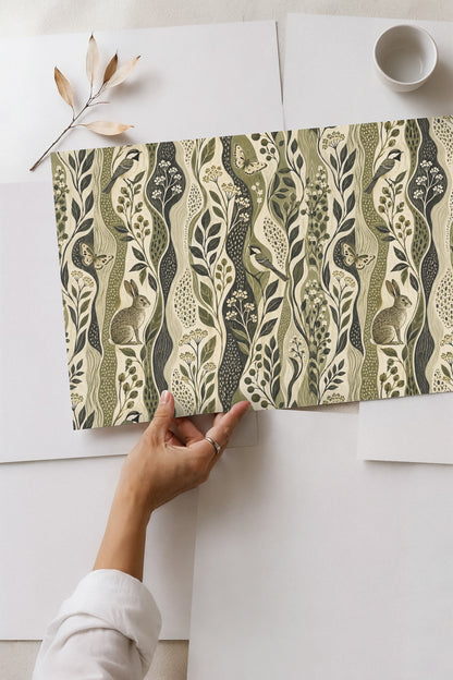 Wavy vertical stripes with dot patterns in olive and cream in Estuary Grove wallpaper
