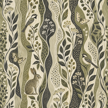 Detail of small white flowers and berry clusters in naturalistic style within Estuary Grove wallpaper