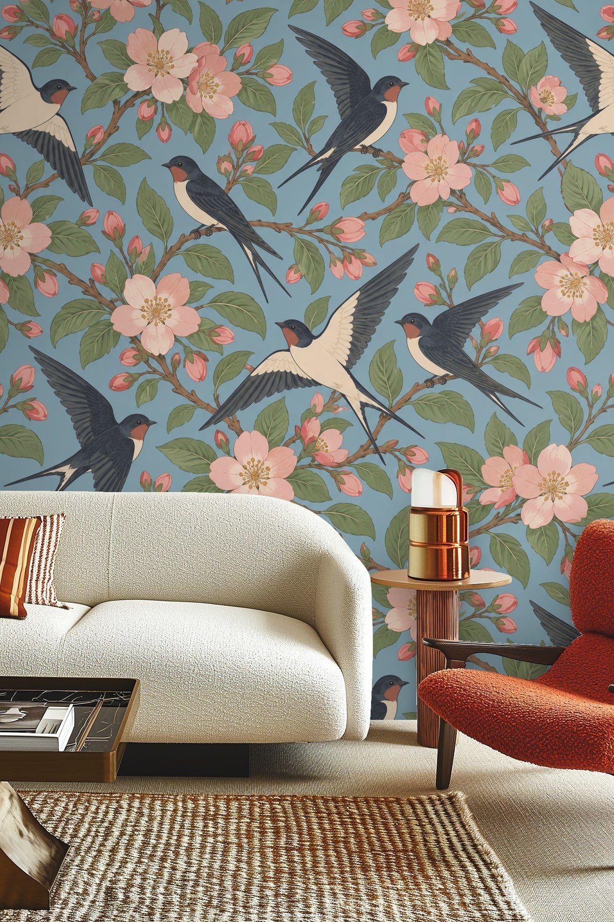 Bedroom wall with Swallow Orchard wallpaper behind green velvet headboard and cream pillows